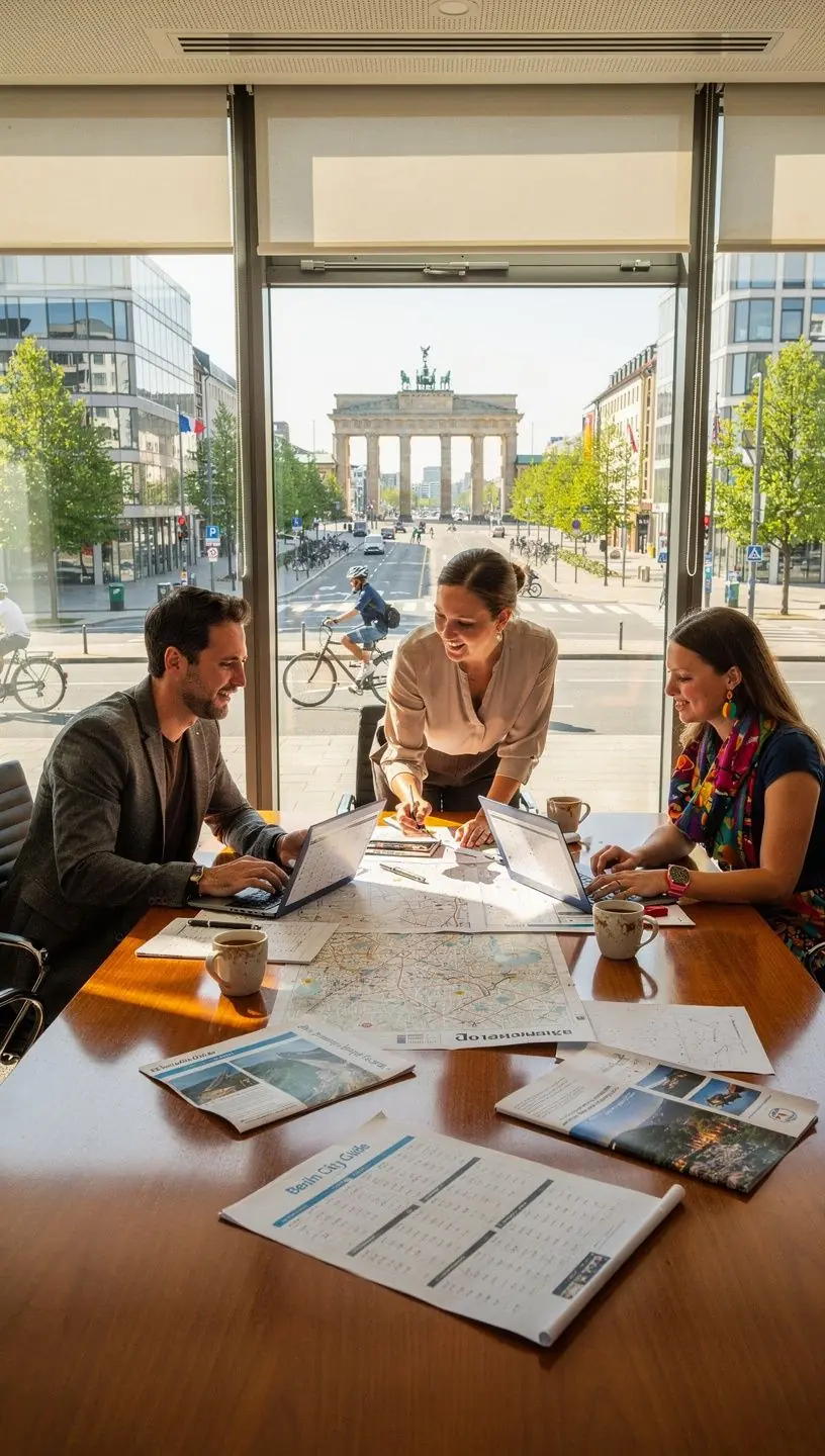 Beratungsgespräch zwischen Reiseexperten und Kunden über individuell angepasste Multi-Stadt-Touren in Deutschland